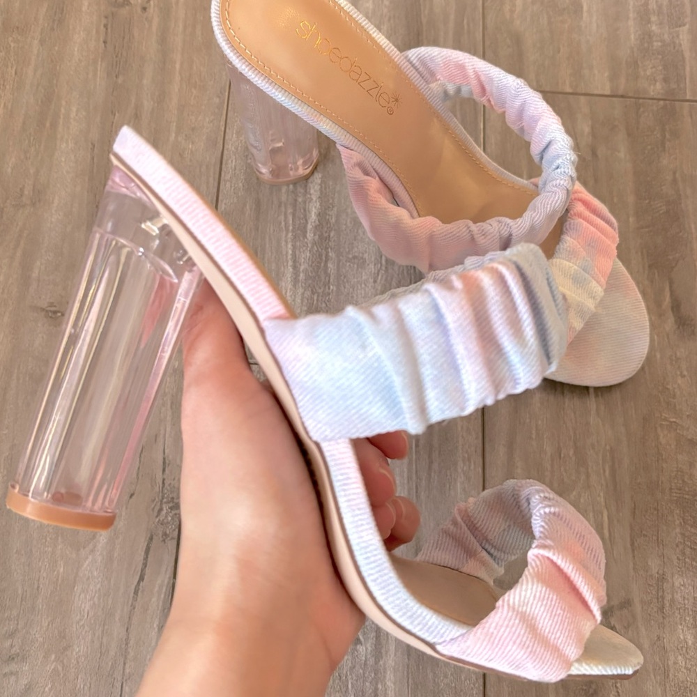 ShoeDazzle Reyia Two Strap Clear High Heeled Sandal SIZE 6.5‎ Pastel Blue Pink